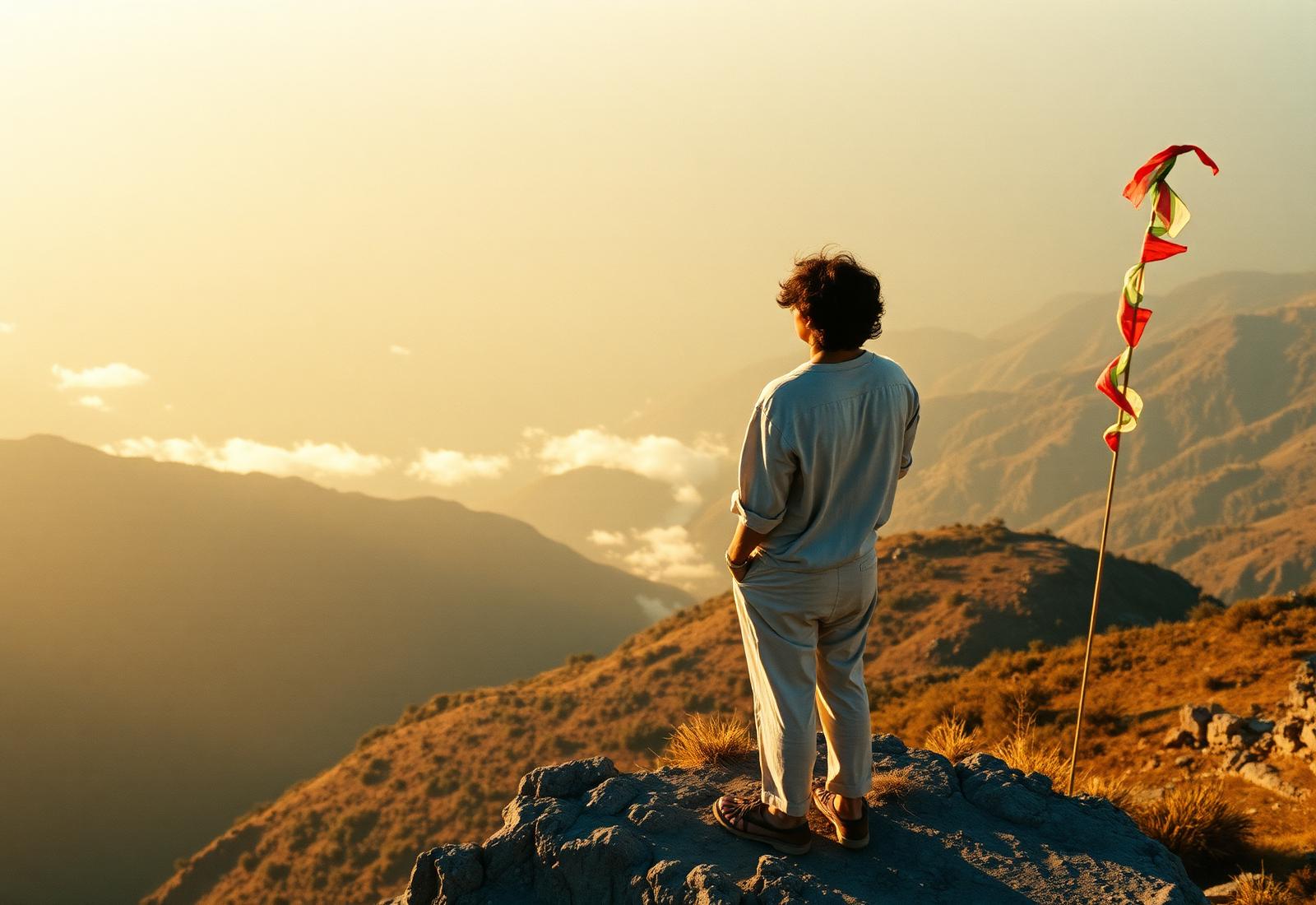 Young Indian traveler overlooking a Himalayan valley at sunrise